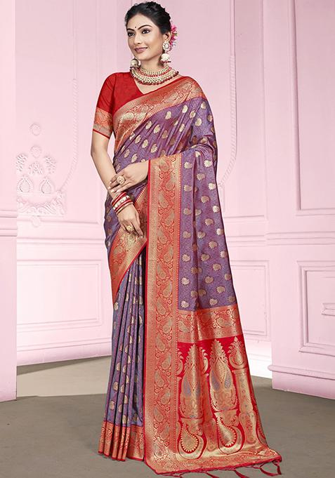 Violet Zari Woven Design Silk Saree Set