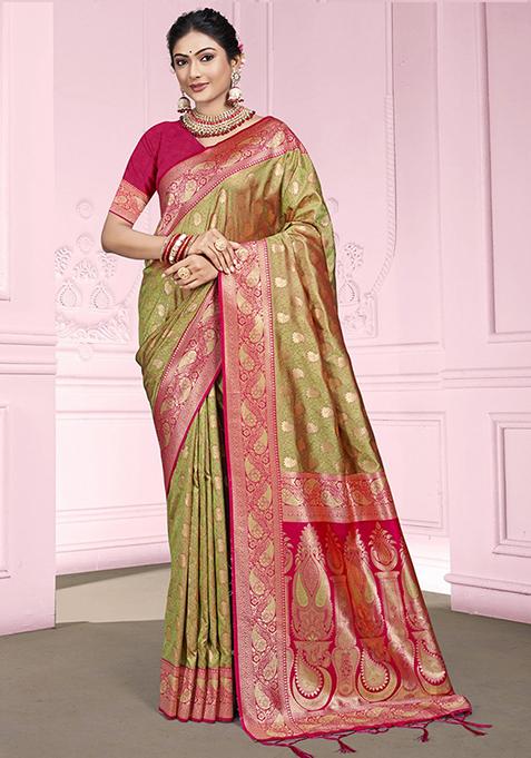 Light Green Zari Woven Design Silk Saree Set