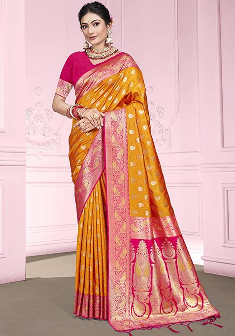 Yellow Zari Woven Design Silk Saree Set