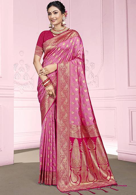 Light Pink Zari Woven Design Silk Saree Set