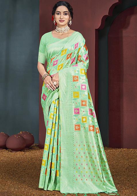 Lime Green Zari Woven Design Cotton Saree Set