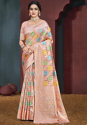 Light Peach Zari Woven Design Cotton Saree Set