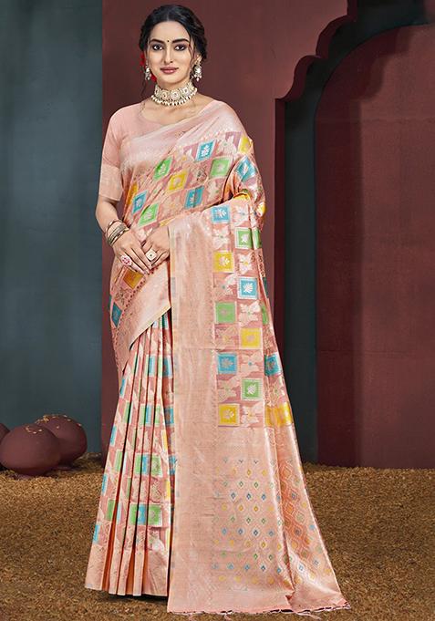 Light Peach Zari Woven Design Cotton Saree Set