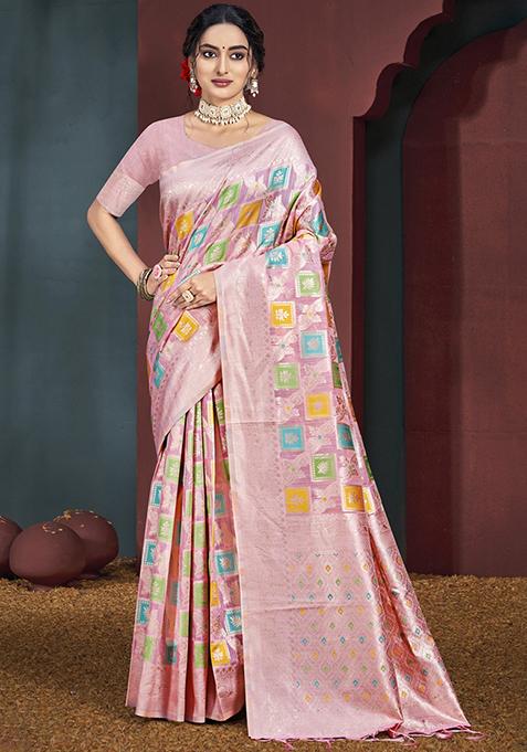 Pink Zari Woven Design Cotton Saree Set