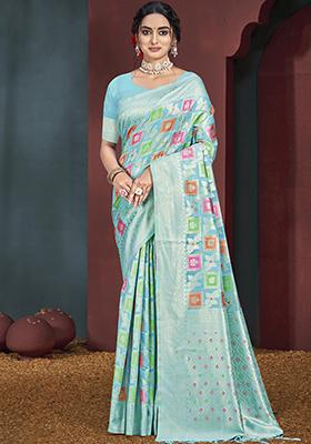 Sky Blue Zari Woven Design Cotton Saree Set