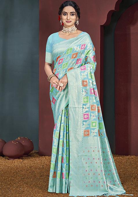 Sky Blue Zari Woven Design Cotton Saree Set