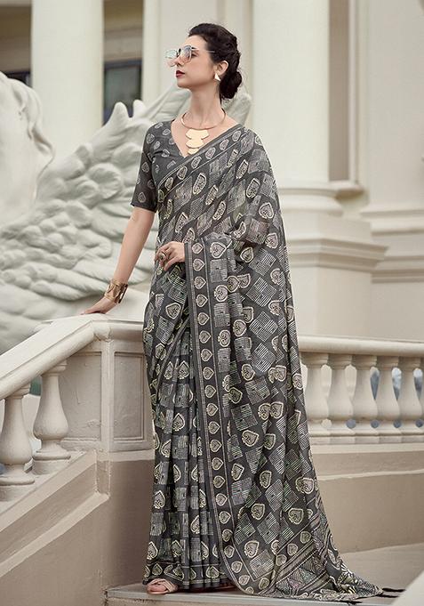 Black Printed Pure Silk Saree Set