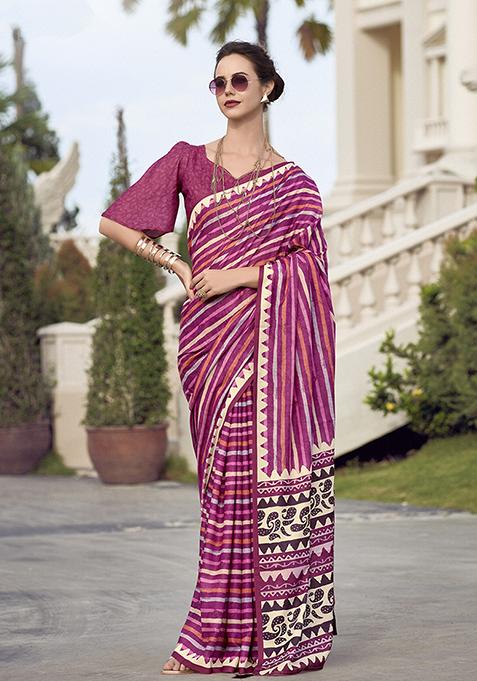 Burgundy Printed Pure Silk Saree Set