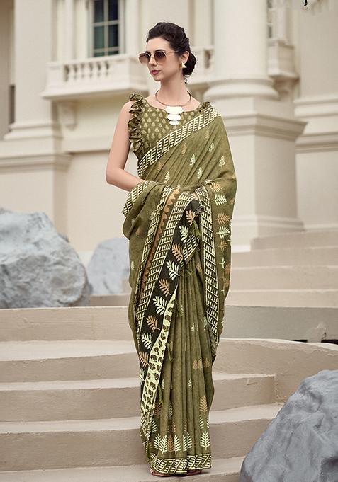 Mehendi Printed Pure Silk Saree Set