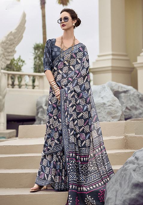 Navy Blue Printed Pure Silk Saree Set