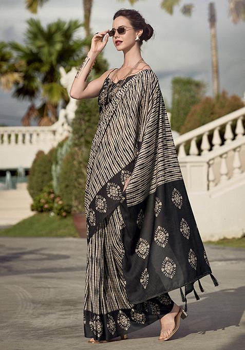 Cream Printed Pure Silk Saree Set