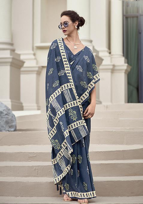 Slate Grey Printed Pure Silk Saree Set