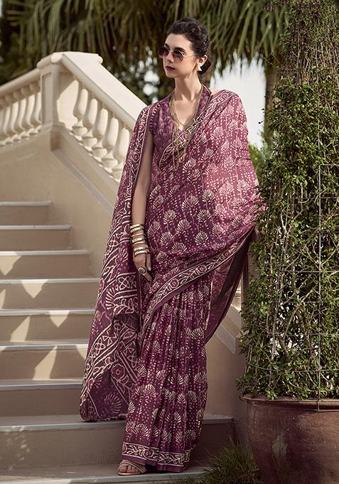 Maroon Printed Pure Silk Saree Set