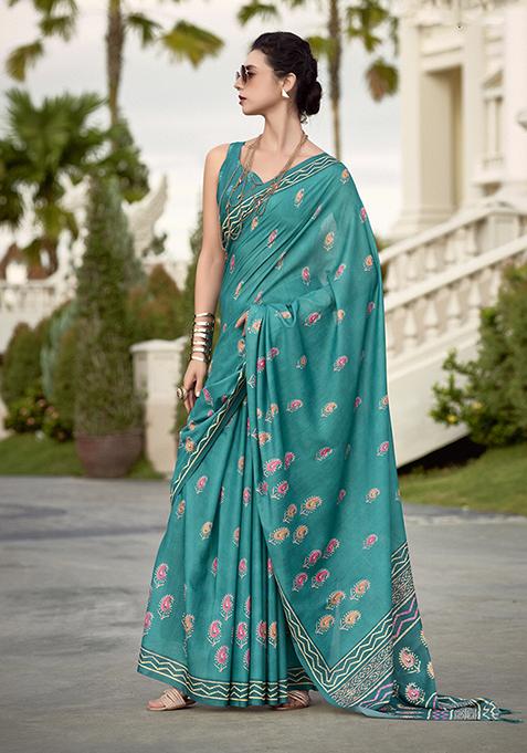 Turquoise Printed Pure Silk Saree Set