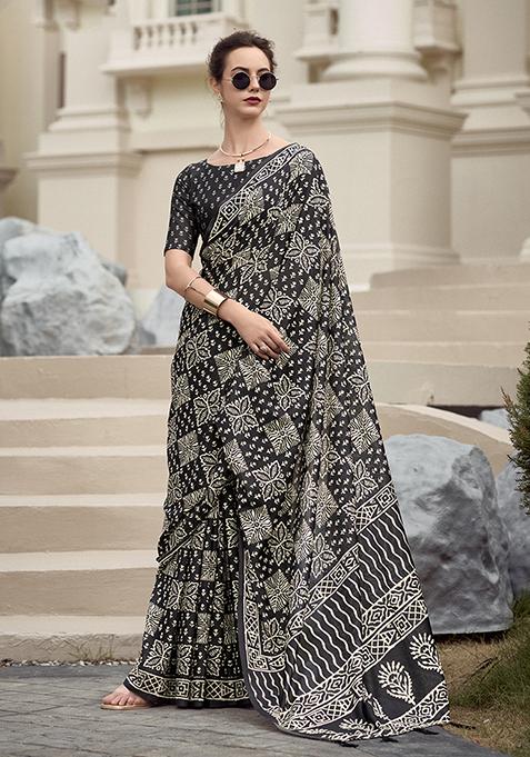 Black Printed Pure Silk Saree Set