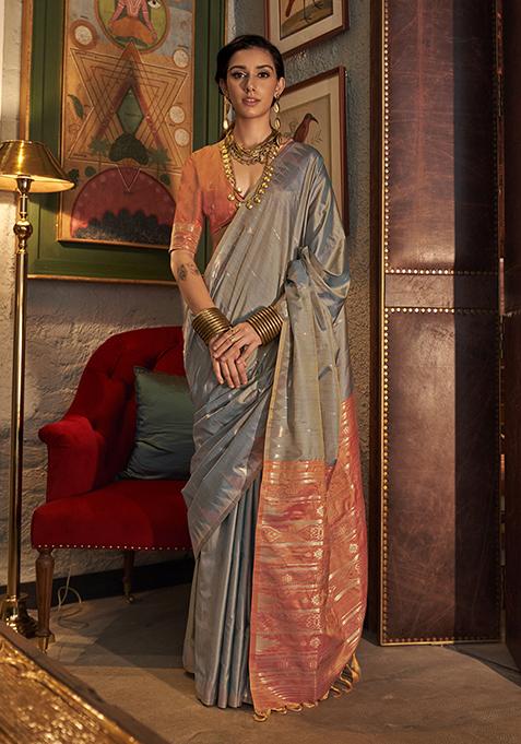 Brown Printed Georgette Saree Set