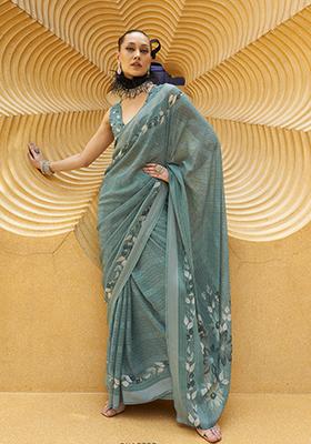 Teal Blue Printed Georgette Saree Set