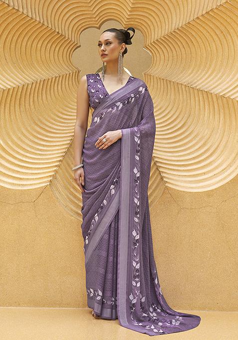 Lavender Printed Georgette Saree Set