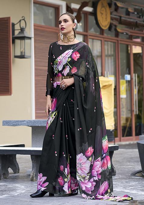 Black Printed Georgette Saree Set