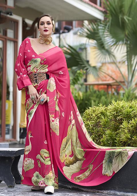 Rani Pink Printed Georgette Saree Set