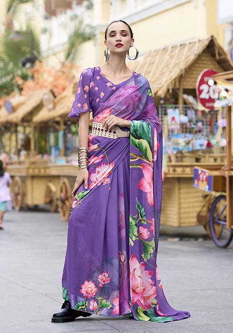 Violet Printed Georgette Saree Set