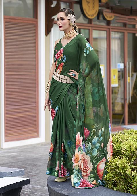 Dark Green Printed Georgette Saree Set