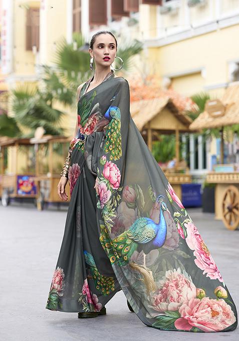 Dark Grey Printed Georgette Saree Set