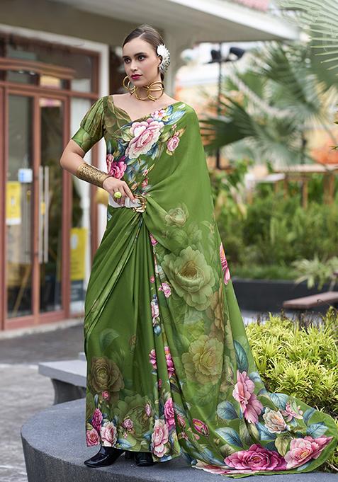 Green Printed Georgette Saree Set