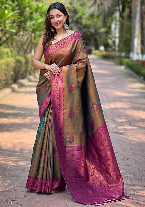 Brown Woven Design Art Silk Saree Set