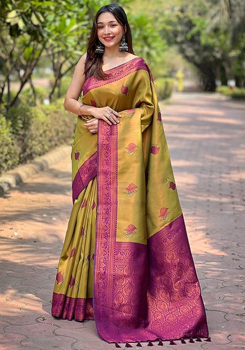 Khaki Woven Design Art Silk Saree Set