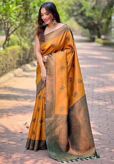 Tan Woven Design Art Silk Saree Set