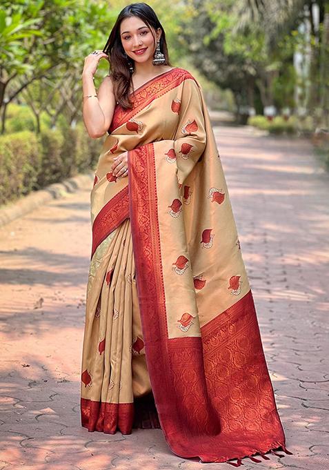 Pink Woven Design Art Silk Saree Set