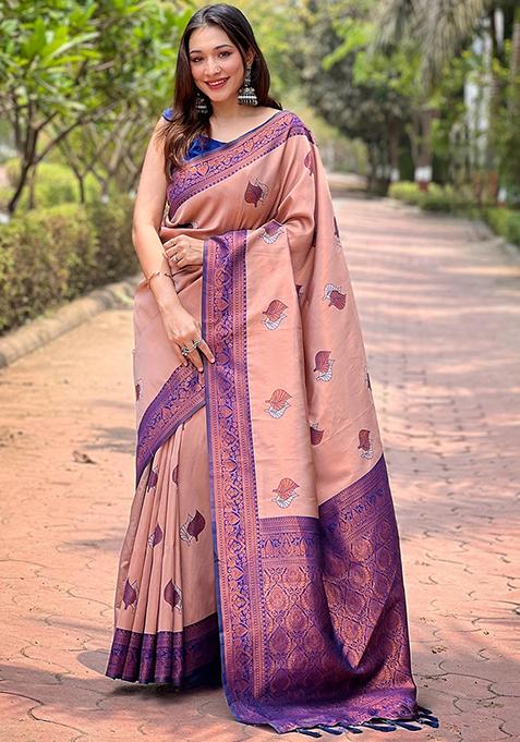 Peach Woven Design Art Silk Saree Set