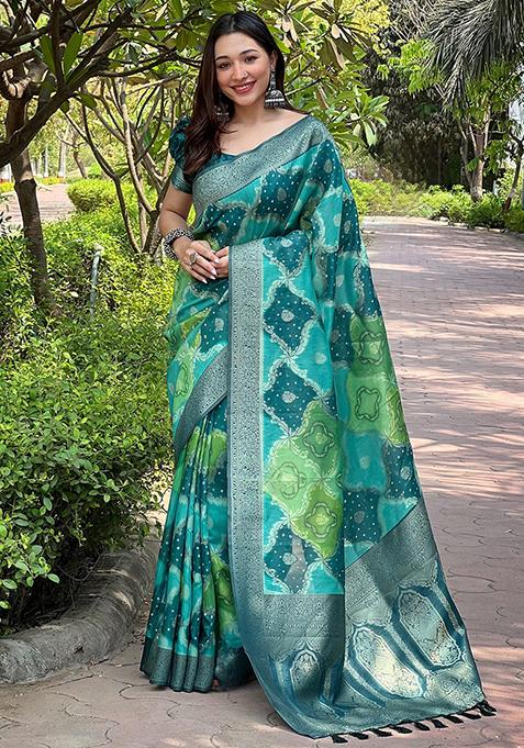 Teal Blue Printed Silk Blend Saree Set