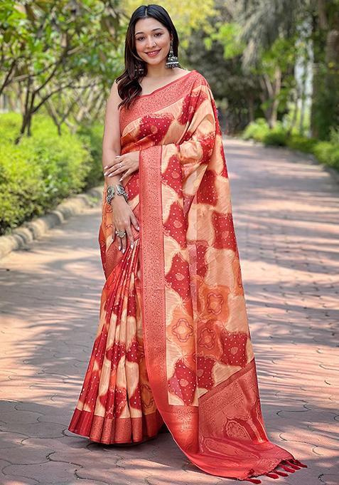 Peach Printed Silk Blend Saree Set