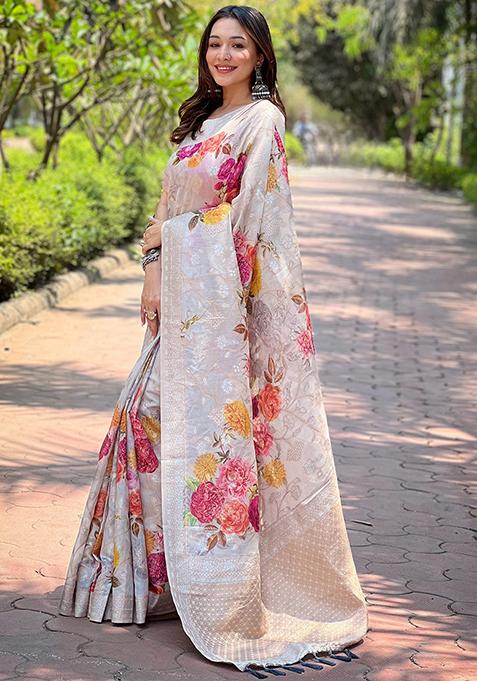 Grey Printed Silk Blend Saree Set