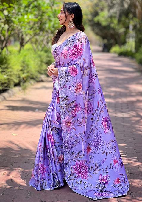 Lavender Printed Satin Saree Set