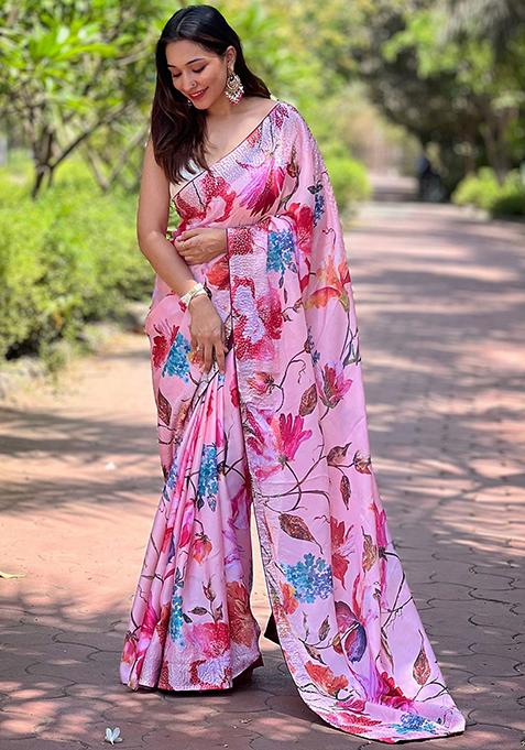 Peach Printed Satin Saree Set