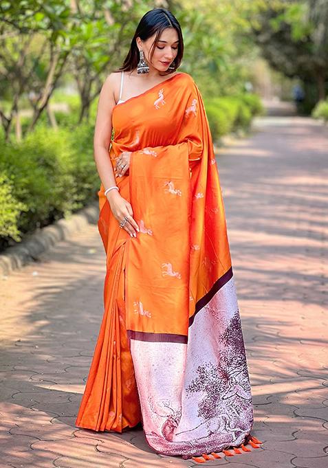 Orange Woven Design Silk Blend Saree Set