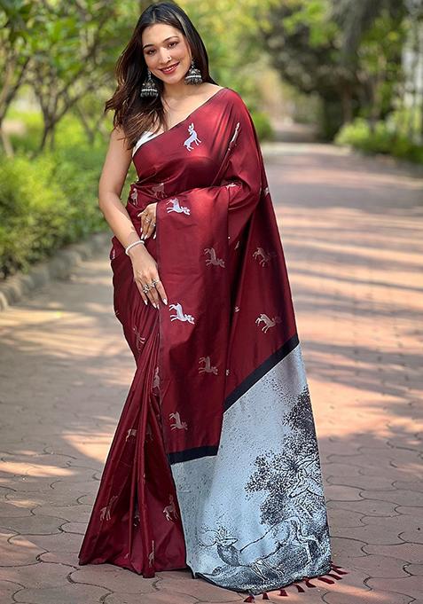 Maroon Woven Design Silk Blend Saree Set