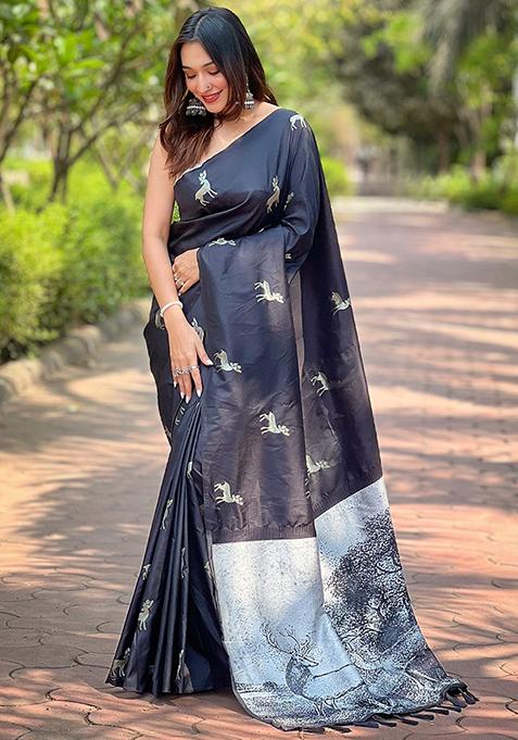 Black Woven Design Silk Blend Saree Set