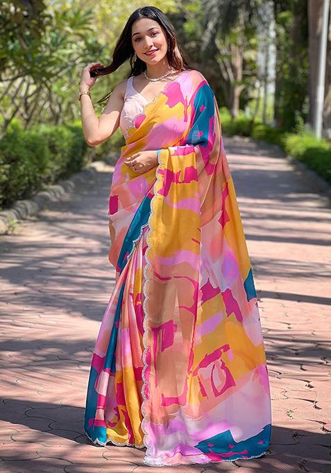 Multicolour Printed Satin Saree Set