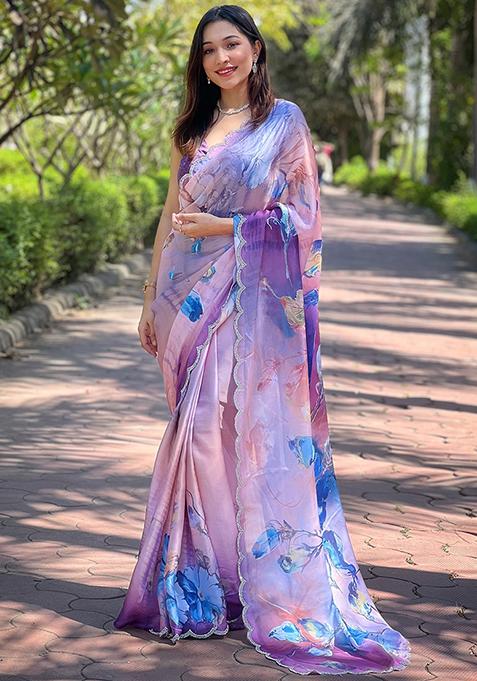 Lavender Printed Satin Saree Set