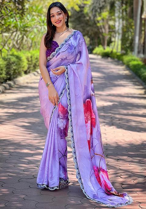 Purple Printed Satin Saree Set