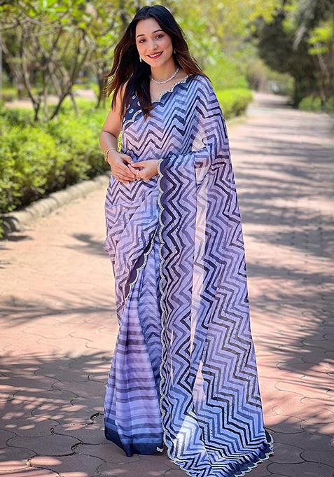 Grey Printed Satin Saree Set