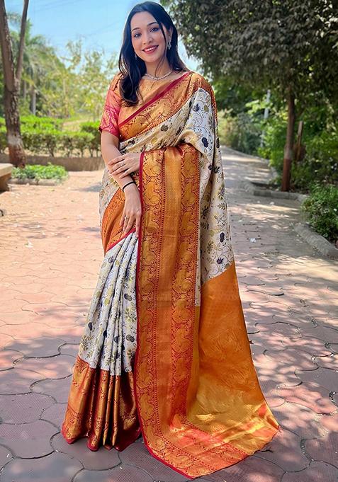 Red Woven Design Silk Blend Saree Set