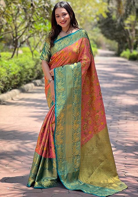 Pink Woven Design Silk Blend Saree Set