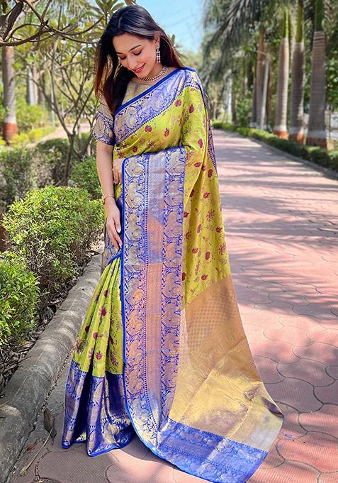 Blue Woven Design Silk Blend Saree Set