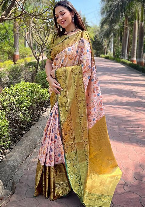 Cream Woven Design Silk Blend Saree Set