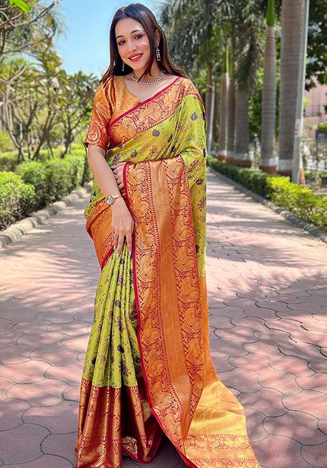 Green Woven Design Silk Blend Saree Set